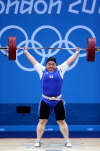 2012 London Olympic Games Mi-Ran Jang of South Korea competes during the women's +75kg event at the London 2012 Olympic Games Weightlifting competition, London, Britain. 2012.08.06. Photo by Korean Olympic Committee Ministry of Culture, Sports and Tourism Korean Culture and Information Service -------------------------------------- 2012 런던 올림픽 여자 +75kg급에 출전한 장미란 선수 사진제공 - 대한체육회 문화체육관광부 해외문화홍보원